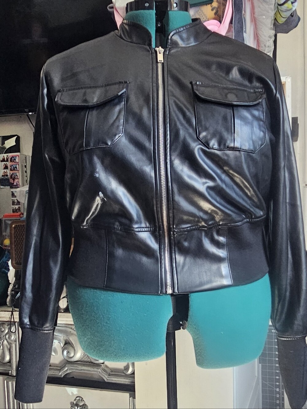 Women's Black Faux Leather Bomber Jacket with Front Pockets